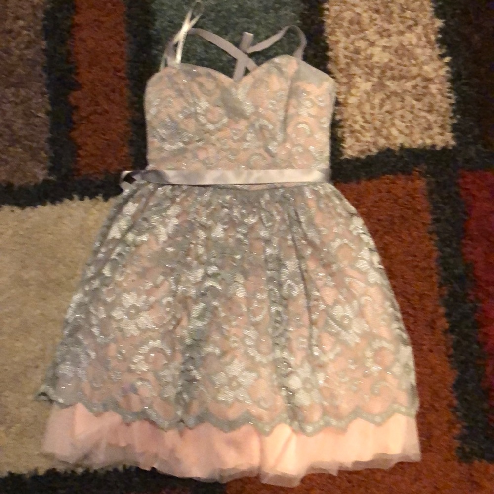 Pink and grey lace formal dress